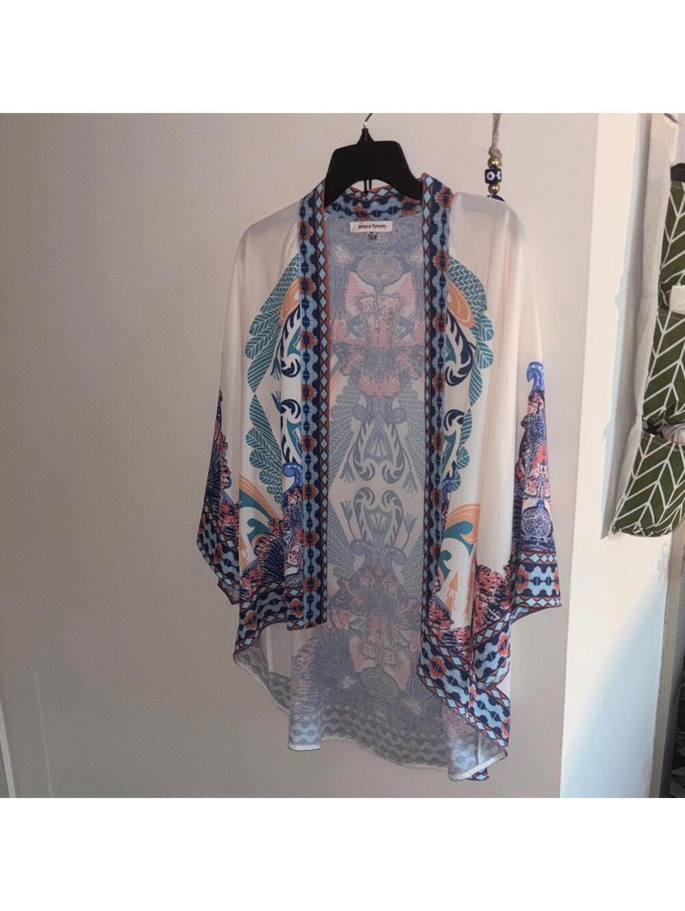 Jealous Tomato Lightweight Sheer Kimono Cardigan in White with Blue Peach Print